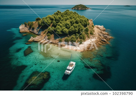 A stunning aerial shot of a small island surrounded by crystal clear waters, with a lone boat anchored nearby. The island is covered in lush greenery and has a small sandy beach. Generative AI 102398790
