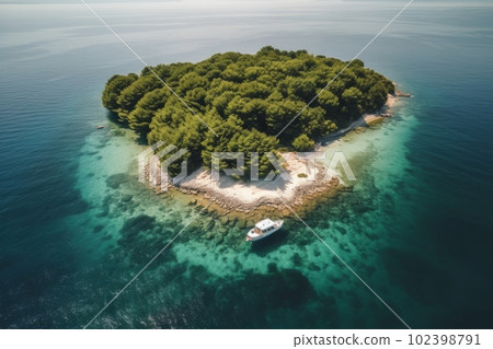 A stunning aerial shot of a small island surrounded by crystal clear waters, with a lone boat anchored nearby. The island is covered in lush greenery and has a small sandy beach. Generative AI 102398791