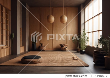 Bamboo walls with woven mat accents, rattan furniture and ceramic pots. A minimalist space ideal for yoga, meditation, reflection and practicing Ayurvedic principles. Generative AI 102398807