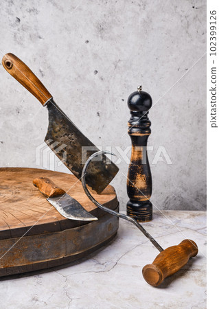 Different types of butcher tools forged by blacksmith 102399126