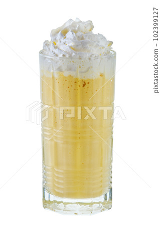 Pineapple milkshake with whipped cream on white background 102399127