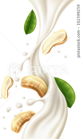 Realistic nuts in milk. Cashew and cream liquid flow motion. Vegetarian beverage. Fluid splashing with drops. Pouring drink. Alternative dairy product. Vector seeds and milky splash 102399259