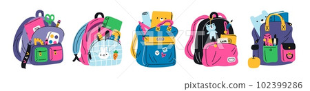Colorful backpacks with school supplies. Kids rucksacks and stationery. Rulers and notebooks. Students bags with protruding accessories. Markers and pens. Garish vector schoolbags set Colorful backpacks with school supplies. Kids rucksacks and stationery. Rulers and notebooks. Students bags with protruding accessories. Markers and pens. Garish vector schoolbags set 102399286