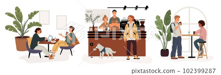 Coffee shop visitors. Restaurant customers. Happy people in cafe. Friends sitting at tables and chatting. Professional barista makes cappuccino. Coffeehouse interior. Garish vector set Coffee shop visitors. Restaurant customers. Happy people in cafe. Friends sitting at tables and chatting. Professional barista makes cappuccino. Coffeehouse interior. Garish vector set 102399287
