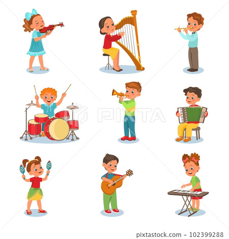 Children playing music instruments. Little musicians. Boys and girls with violin. Musical performance. Harp or accordion players. Orchestra concert. Drums and guitar. Splendid vector set Children playing music instruments. Little musicians. Boys and girls with violin. Musical performance. Harp or accordion players. Orchestra concert. Drums and guitar. Splendid vector set 102399288