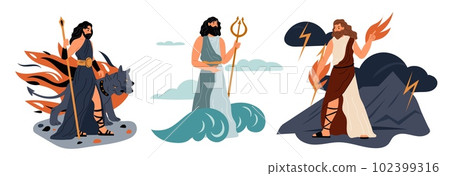 Main Greek gods. Cartoon Olympus characters. Hades king of underworld. Poseidon patron of seas and oceans. Zeus with thunder and lightning. Different Greece deities. Vector concept Main Greek gods. Cartoon Olympus characters. Hades king of underworld. Poseidon patron of seas and oceans. Zeus with thunder and lightning. Different Greece deities. Vector concept 102399316