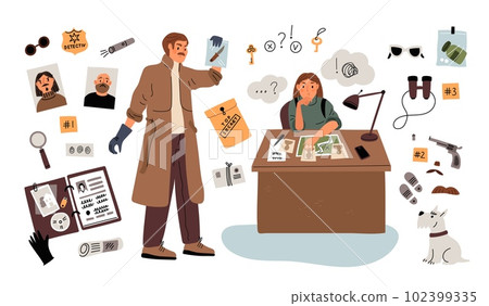 Detective equipment. Cartoon inspectors investigating criminal case. Policeman collecting evidence and information. Suspects photos. Secret documents. Garish vector investigators set Detective equipment. Cartoon inspectors investigating criminal case. Policeman collecting evidence and information. Suspects photos. Secret documents. Garish vector investigators set 102399335