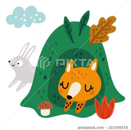 Cute fox. Orange vixen sleeping in burrow. Cartoon forest wildlife character. Woodland fauna. Hare at meadow. Wild animals. Vulpes predator dream. Napping mammals. Vector illustration 102399338