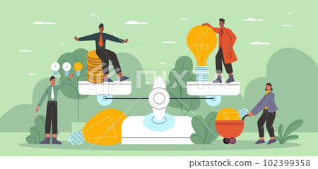 Analog commodity scales. Employees team weighs ideas and money in balance. Solution lamp. Coins and invention lightbulb equivalence. People with cash and light bulbs. Vector concept Analog commodity scales. Employees team weighs ideas and money in balance. Solution lamp. Coins and invention lightbulb equivalence. People with cash and light bulbs. Vector concept 102399358