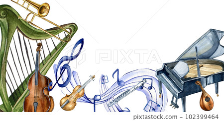 Board of harp, violin, grand piano and musical symbol watercolor illustration isolated. Board of harp, violin, grand piano and musical symbol watercolor illustration isolated. 102399464