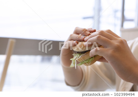 A girl who eats a hamburger 102399494