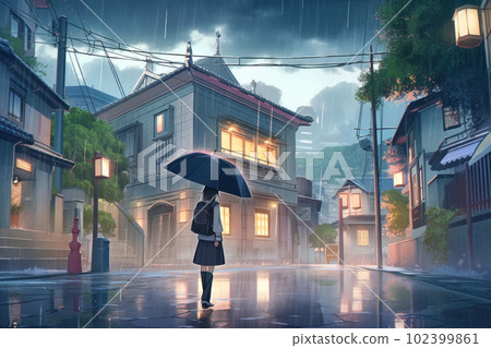 一個雨城的背影和一個拿著雨傘的女孩 102399861