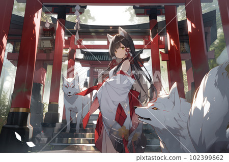 日本巫女和紅色鳥居門 102399862