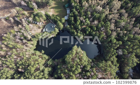 Lake surrounded by trees. Beautiful landscape in aerial drone shot. Lake surrounded by trees. Beautiful landscape in aerial drone shot. 102399876