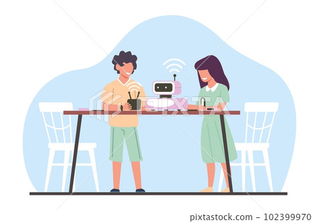 Kids boy and girl made robot, happy children works. Programming android in radio club. Clever babies play with cyborg toys. Little engineers cartoon flat style isolated vector concept 102399970