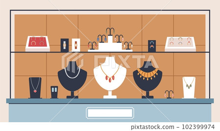 Jewelry shop showcase. Modern glamor accessories behind glass, precious models presentation, necklaces and earrings, rings on stands, cartoon flat isolated illustration nowaday vector concept Jewelry shop showcase. Modern glamor accessories behind glass, precious models presentation, necklaces and earrings, rings on stands, cartoon flat isolated illustration nowaday vector concept 102399974