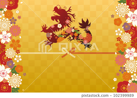 2024 年龍年新年賀卡模板，龍剪影和日本圖案花卉和 mizuhiki（矢量插圖） 102399989