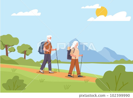 Happy active elderly couple with backpacks traveling hiking trail. Grandmother and grandfather walking together. Old people outdoor activity. Cartoon flat style isolated vector concept 102399990