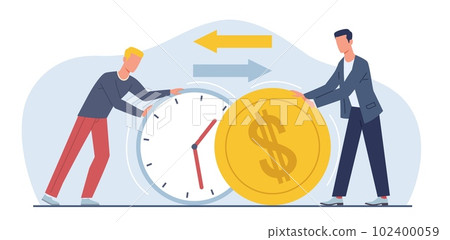 Exchanging time and effort for money and getting paid for work. Men hold huge clock and cold coin. Cost of hour metaphor. Working minutes. Cartoon flat style isolated vector concept Exchanging time and effort for money and getting paid for work. Men hold huge clock and cold coin. Cost of hour metaphor. Working minutes. Cartoon flat style isolated vector concept 102400059