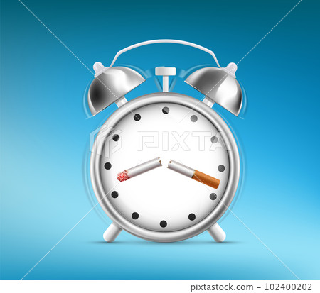Broken cigarette against a ringing alarm clock. 102400202