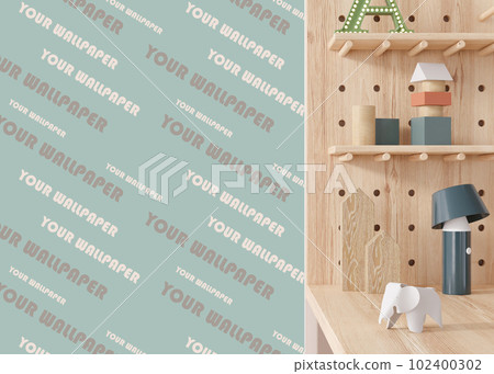 Wallpaper presentation mock up. Modern kids room with copy space for wallpaper design, wall panels, photo wallpaper, print or paint. Interior wall mockup. Show, display. 3D rendering. Wallpaper presentation mock up. Modern kids room with copy space for wallpaper design, wall panels, photo wallpaper, print or paint. Interior wall mockup. Show, display. 3D rendering. 102400302