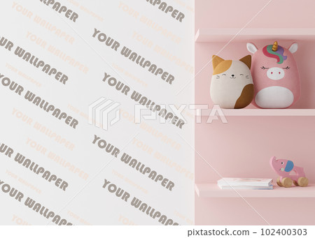 Wallpaper presentation mock up. Modern kids room with copy space for wallpaper design, wall panels, photo wallpaper, print or paint. Interior wall mockup. Show, display. 3D rendering. Wallpaper presentation mock up. Modern kids room with copy space for wallpaper design, wall panels, photo wallpaper, print or paint. Interior wall mockup. Show, display. 3D rendering. 102400303