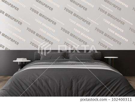 Wallpaper presentation mock up. Modern bedroom with copy space for wallpaper design, wall panels, photo wallpaper, print or paint. Interior wall mockup. Show, display. 3D rendering. Wallpaper presentation mock up. Modern bedroom with copy space for wallpaper design, wall panels, photo wallpaper, print or paint. Interior wall mockup. Show, display. 3D rendering. 102400311