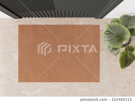 Blank brown door mat on the floor at home. Welcome mat with copy space for your text. Doormat mock up. Carpet at entrance for wiping dirty shoes. Mockup. 3D Rendering. 102400315