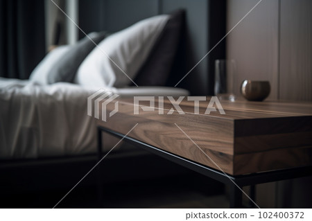 Empty wooden table top and blurred bedroom interior on the background. Copy space for your object, product, cosmetic presentation. Display, promotion, advertising. Generative AI. 102400372