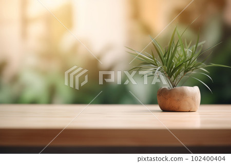 Empty wooden table top and blurred plants on the background. Copy space for your object, product presentation. Display, promotion, advertising. Generative AI. 102400404