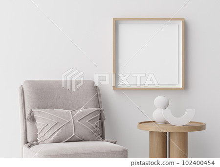 Blank square picture frame mockup in room. Contemporary, modern style. Empty space for artwork, poster. Armchair, vase. Wooden frame mock up, template. Close up view. 3D rendering. Blank square picture frame mockup in room. Contemporary, modern style. Empty space for artwork, poster. Armchair, vase. Wooden frame mock up, template. Close up view. 3D rendering. 102400454