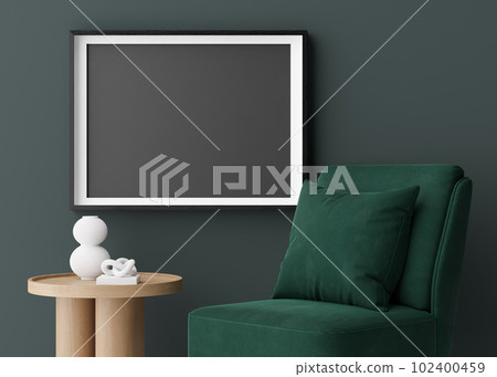 Blank horizontal picture frame mockup in dark room. Contemporary, modern style. Empty space for artwork, poster. Armchair, vase. Black frame mock up, template. Close up view. 3D rendering. Blank horizontal picture frame mockup in dark room. Contemporary, modern style. Empty space for artwork, poster. Armchair, vase. Black frame mock up, template. Close up view. 3D rendering. 102400459