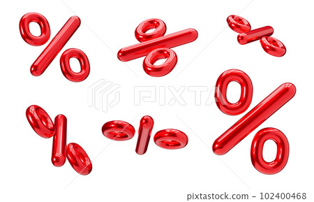 Red percent discount 3D signs isolated on white background. Sale, special offer, good price, deal, shopping. Cut out elements, group. Sale off. 3D render. 102400468