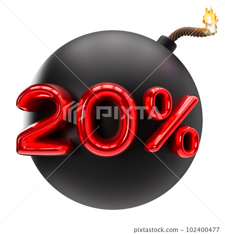 20 percent discount 3D illustration isolated on white background. Sale, special offer, good price, deal, shopping. Cut out red and black design element, bomb. Sale up to twenty percent off. 3D render. 102400477