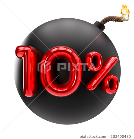 10 percent discount 3D illustration isolated on white background. Sale, special offer, good price, deal, shopping. Cut out red and black design element, bomb. Sale up to ten percent off. 3D render. 102400480