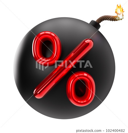 Percent discount 3D illustration isolated on white background. Sale, special offer, good price, deal, shopping. Price explosion. Cut out red and black design element, bomb. Sale off. 3D render. 102400482