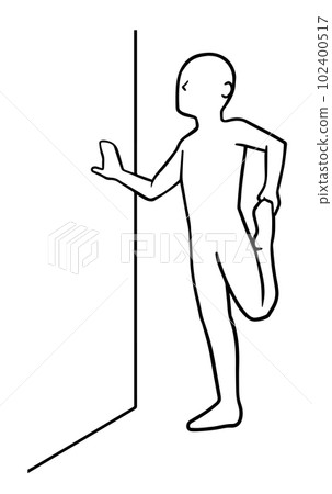 Man using wall to stretch quadriceps, man stretching thighs Man using wall to stretch quadriceps, man stretching thighs 102400517