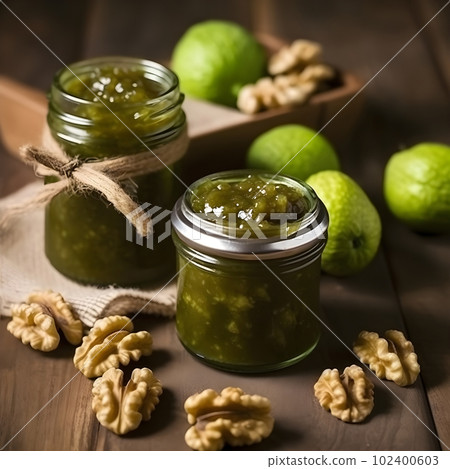 Walnuts jam with walnut on wooden backgrounds. AI generative, Illustration. 102400603