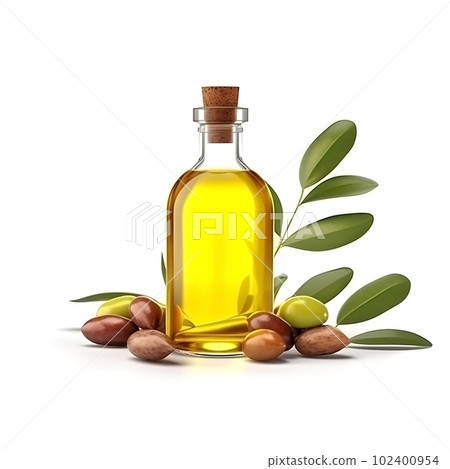 Bottle olives oil with olives fruits. Ai generative. Illustration. 102400954