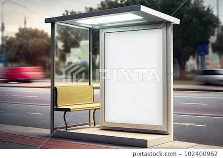 Mock up of advertising light box on the bus stop, vertical light box in a bus stop at night, Generative AI 102400962
