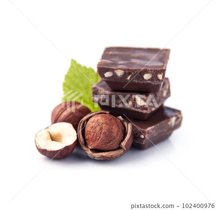 Chocolate with filbert on white backgrounds 102400976