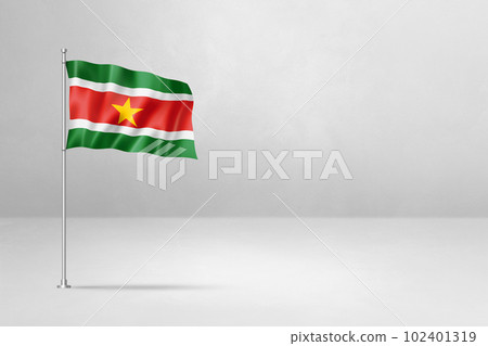 Suriname flag isolated on white concrete wall background Suriname flag isolated on white concrete wall background 102401319