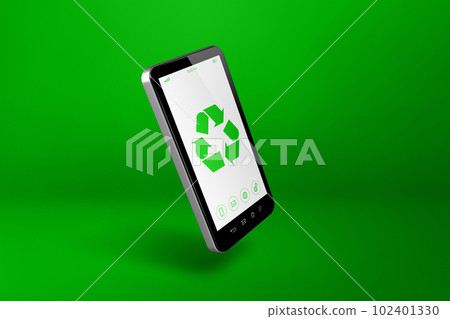 Smartphone with a recycling symbol on screen. environmental conservation concept Smartphone with a recycling symbol on screen. environmental conservation concept 102401330