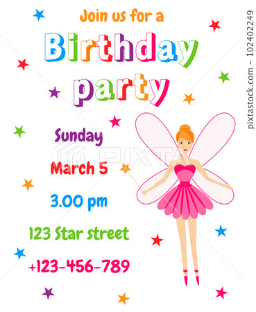 Vector illustration. Children's birthday invitation card. Fairy. Sorceress 102402249