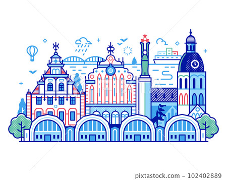 Riga Old Town City Skyline in Line Art 102402889
