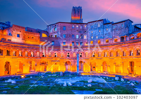 Rome, Italy. Enchanting blue hour shot of Trajan Market, Ancient Rome. 102403097