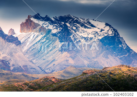 Torres del Paine, Chile. Peaks, glaciers, and lakes, South America landscape. Torres del Paine, Chile. Peaks, glaciers, and lakes, South America landscape. 102403102