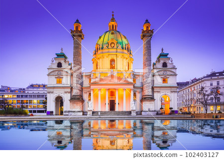 Vienna, Austria. Karlskirche is a Baroque church in Wien, night illuminated. 102403127