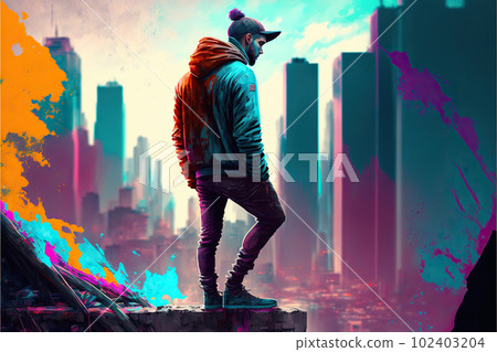 colorful urban man on the edge. city in background illustration generative ai 102403204