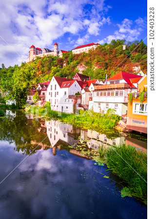 Harburg, Swabia. Beautiful medieval village water reflection, Bavaria, Germany. Harburg, Swabia. Beautiful medieval village water reflection, Bavaria, Germany. 102403228